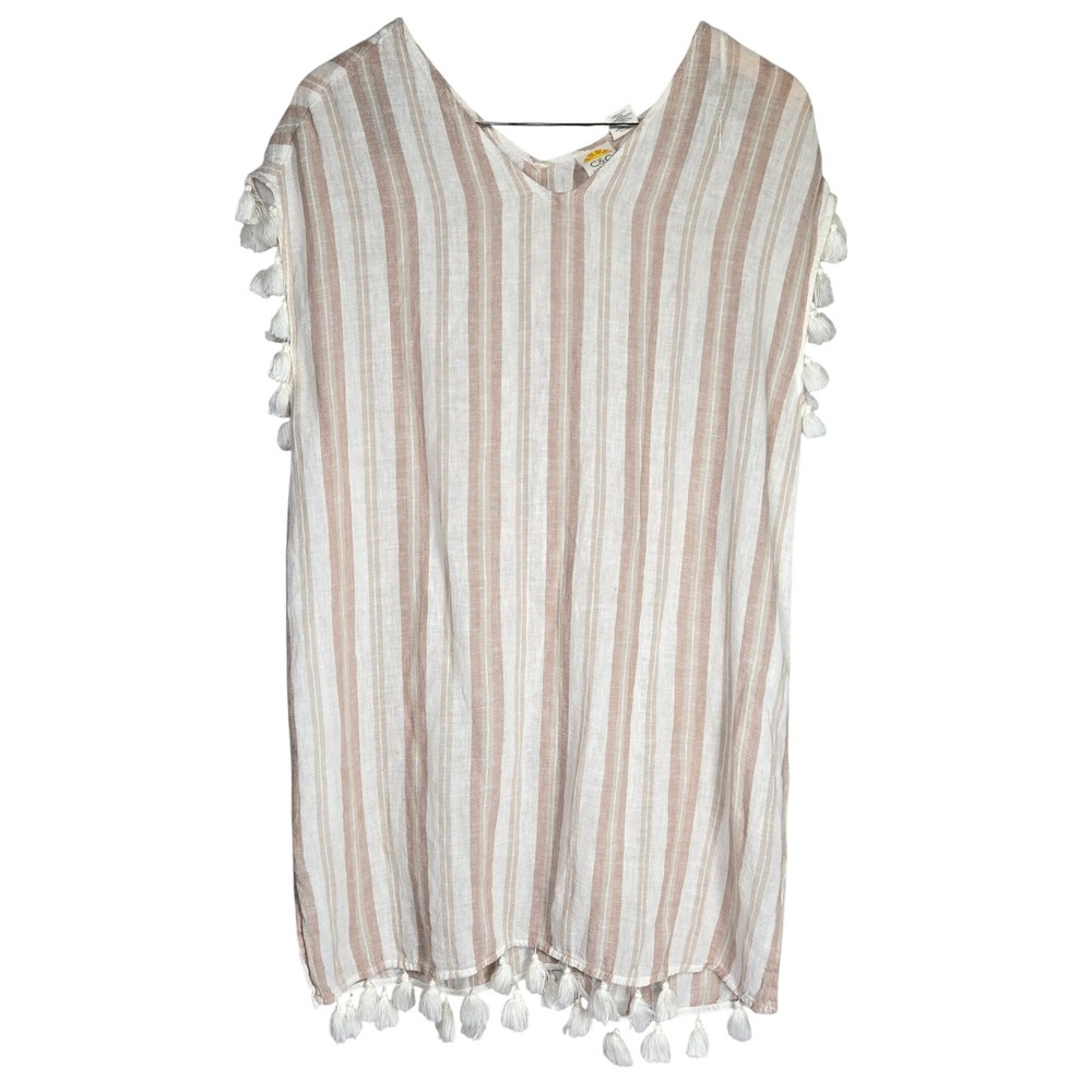 C&C California Womens Linen Blend Striped Tassel V-Neck Swim Cover Up Dress M
